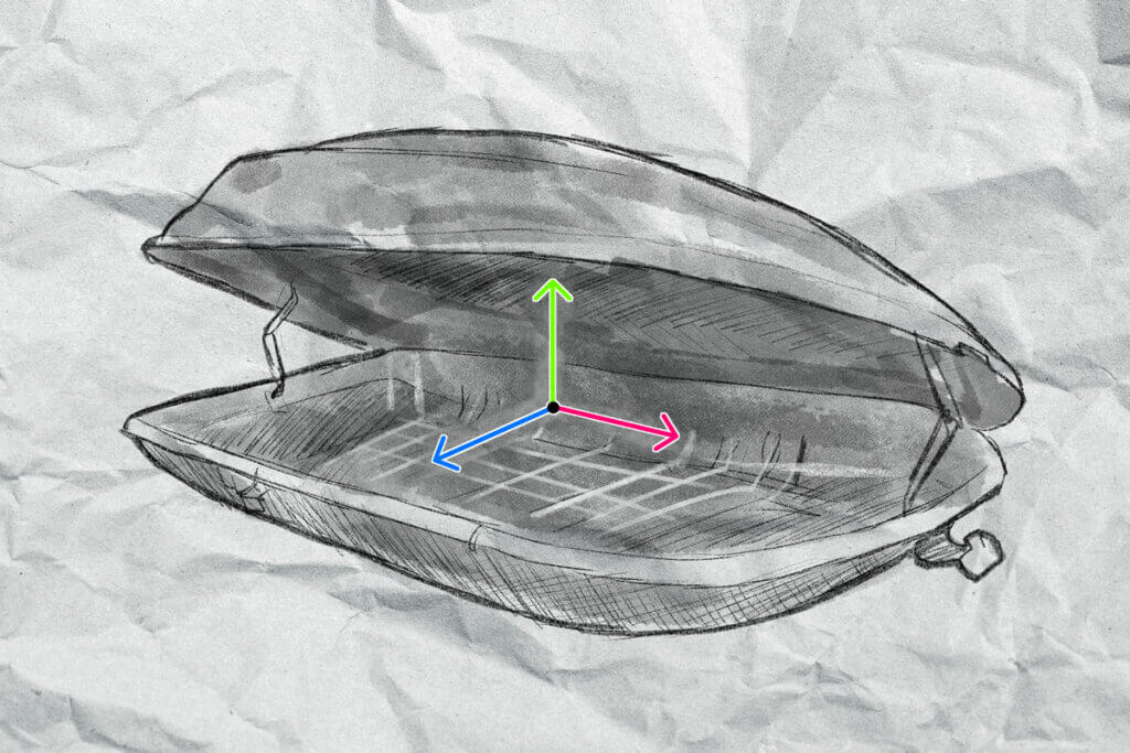 Die grafische Darstellung einer geöffneten Dachbox mit Vektorpfeilen im Inneren.