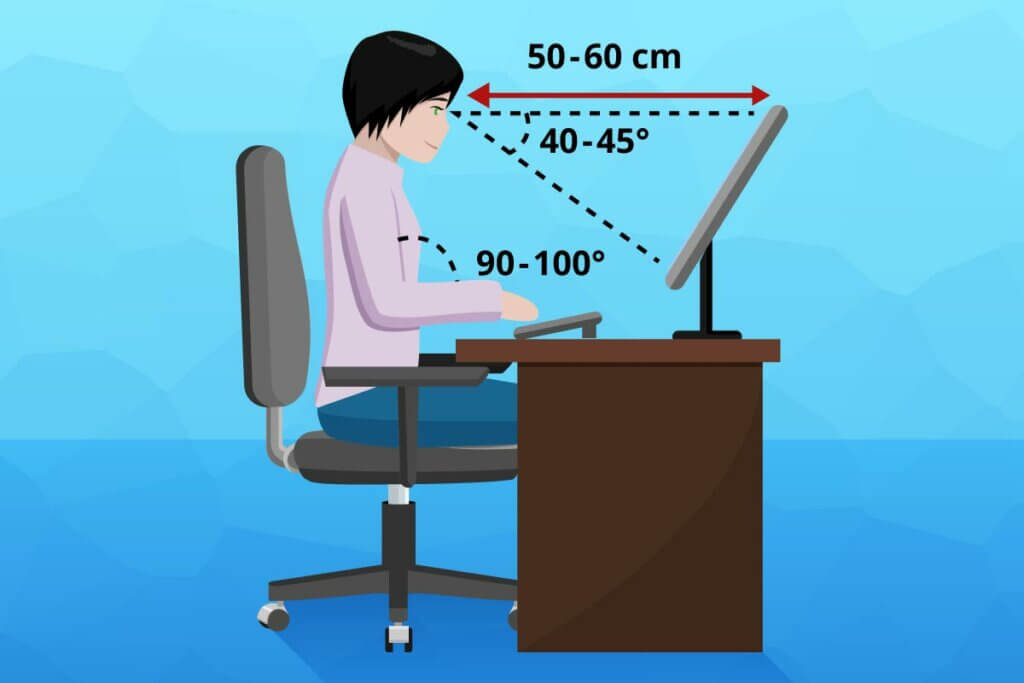 Grafik zur richtigen Sitzposition am Schreibtisch und Bildschirm