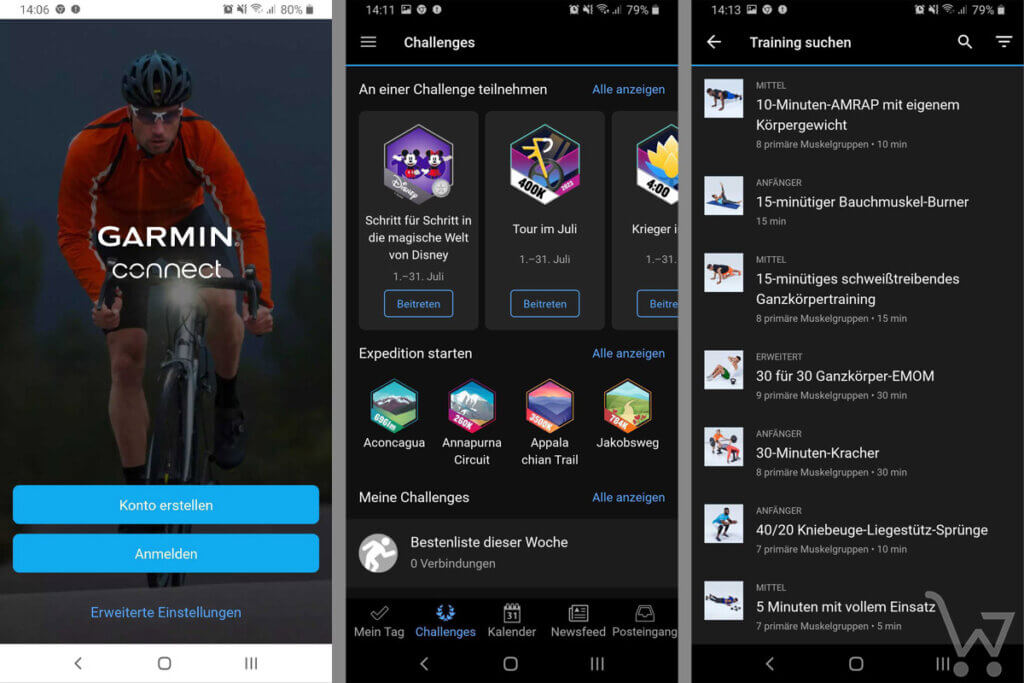 Drei Smartphone-Screenshots der Garmin-Connect-App