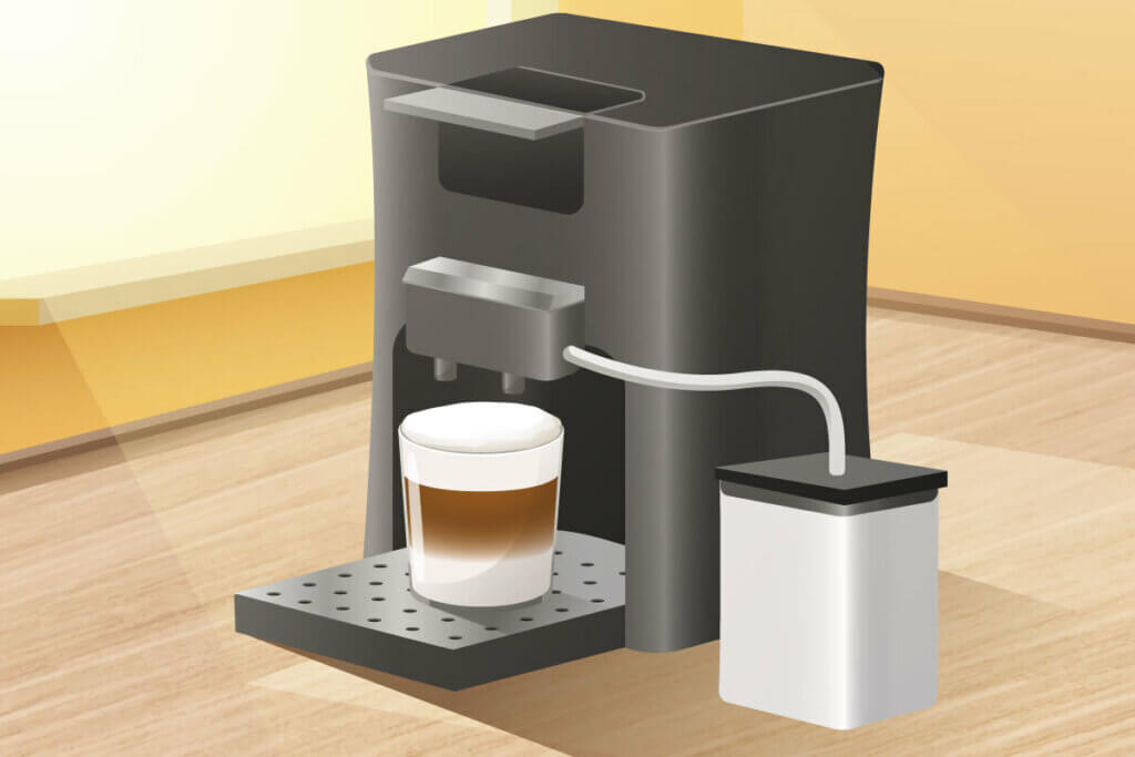 Kaffeepadmaschine mit Milchschlauch, die einen Latte Macchiato zubereitet