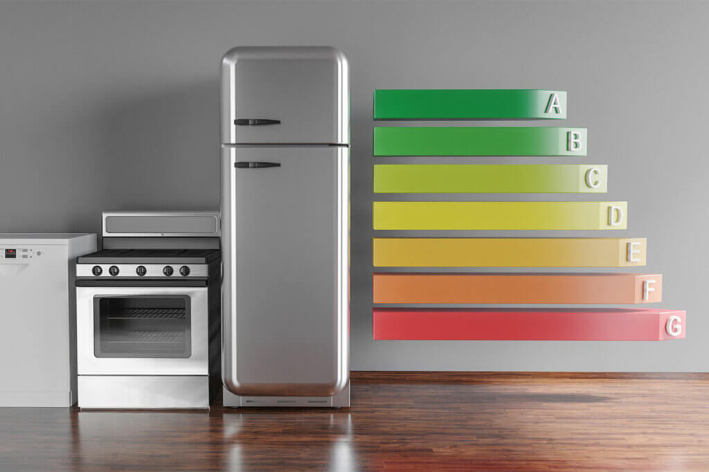Waschmaschine, Herd und Kühlschrank mit Energieeffizienzklassen