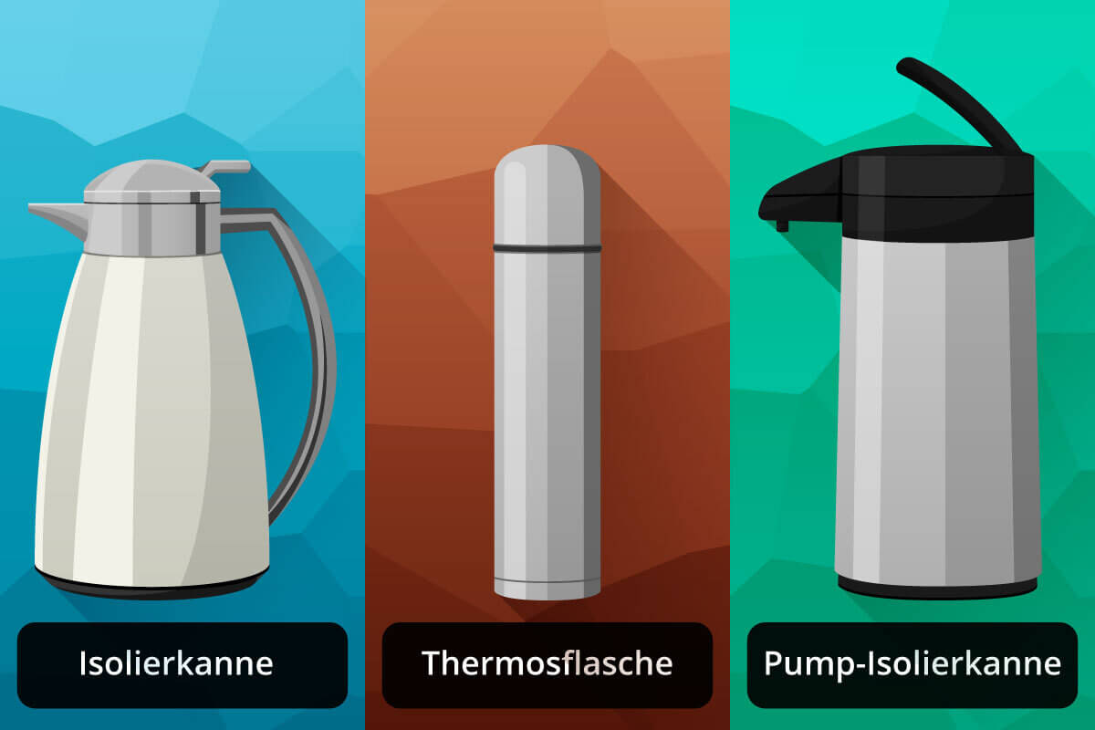 Eine Grafik, welche drei verschiedene Thermosgefaesse nebeneinander zeigt: Isolierkanne, Thermosflasche und Pump-Isolierkanne.